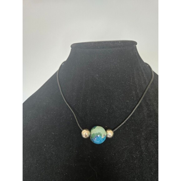 Black Corded Necklace with Peacock Bead Silver Tone Adjustable Length - Picture 2 of 8